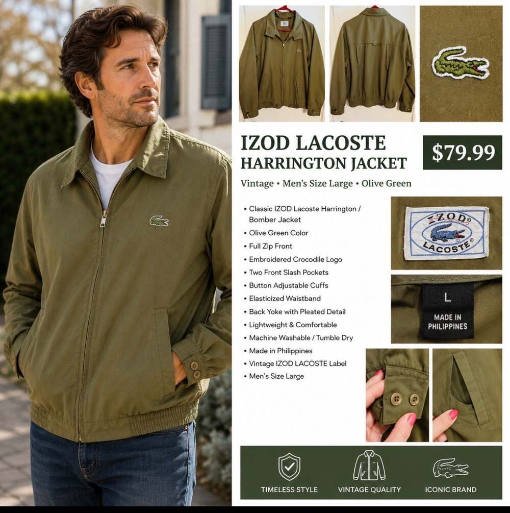 Vintage Izod Lacoste Men’s Olive Green Harrington Bomber Jacket Size L